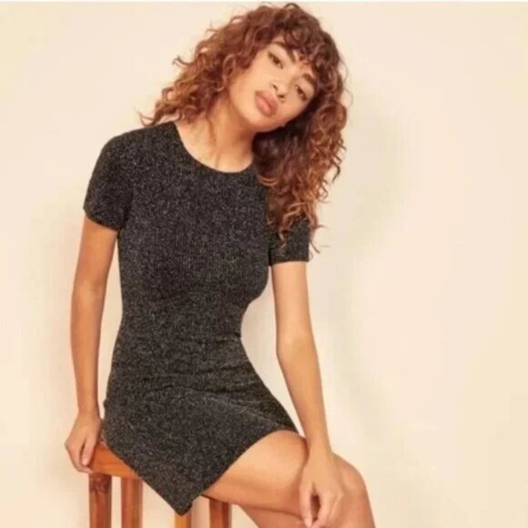 REFORMATION Glitter Mini Dress Shimmer Short Sleeve Fitted size XS Stretch - Picture 1 of 11